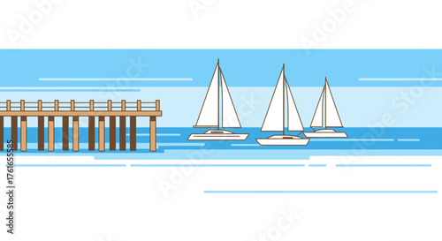 Minimalist seascape with sailboats and pier vector illustration