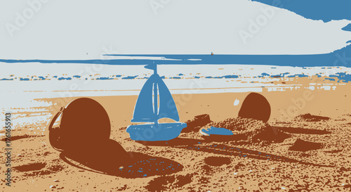 Simple beach scene with sailboat toy and sunbathing accessories