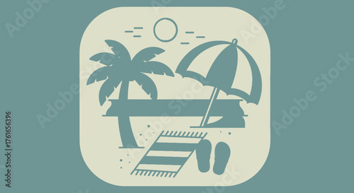Tropical Beach Icon with Palm Tree Umbrella and Summer Elements Design
