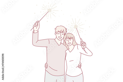 Happy couple lovers with festive fireworks hug cuddle celebrate New Year together. Smiling man and woman with lights enjoy Christmas party or celebration. Winter holiday. Vector illustration.