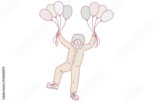 Children entertainment professions during work concept. Young man clown with red nose in costume standing holding heap of colorful balloons vector illustration