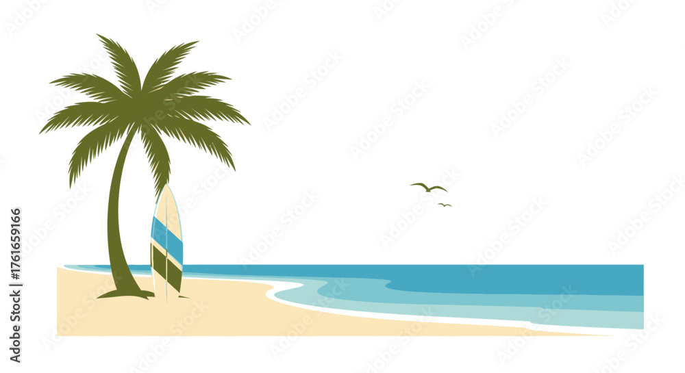 Obraz premium Tropical beach scene with palm tree and surfboard illustration