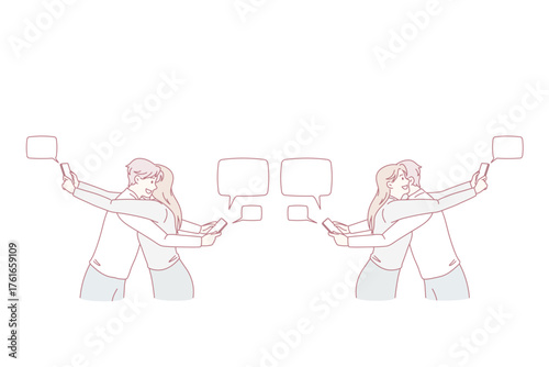 Couple hug text message on cellphone cheating online. Man and woman lovers embrace have communication on internet on smartphone. Social media, relations. Flat vector illustration.