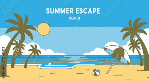 Tropical Beach Vacation Scene with Palm Trees and Summer Vibes Illustration