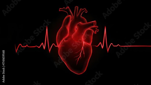 human heart shape with red cardio pulse line. Creative stylized red heart cardiogram with human heart on black background. Health, cardiology, cardiovascular diseases