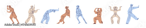 Set of people pushing and lifting abstract objects with force. Different strong men and women try to move invisible heavy boxes with hands. Flat isolated vector illustrations on white background