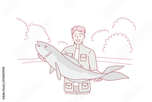 Smiling young fisherman hold big fish proud of good haul or hunt. Happy man in green costume satisfied with successful fishing. Hobby, fishery concept. Flat vector illustration, cartoon character.