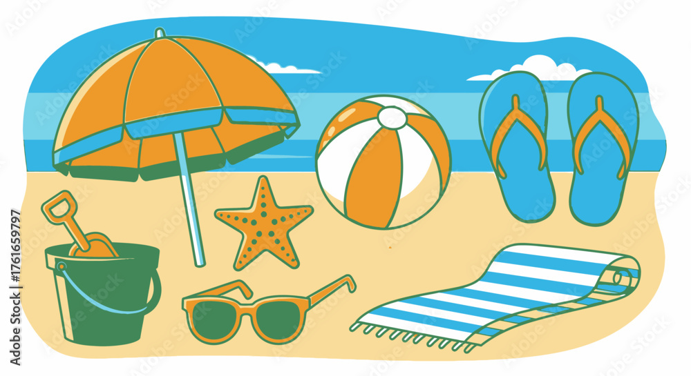 Fototapeta premium Cartoon Beach Scene Illustration with Summer Vacation Items