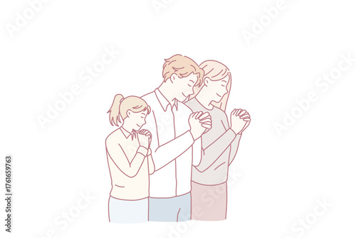 Young family with child keep hands in prayer have religious superstitious time in church. Parents with small kid pray to God in chapel. Worship and religion. Faith concept. Flat vector illustration.