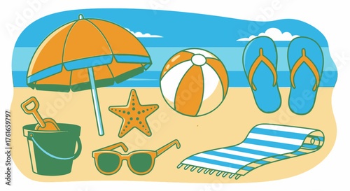 Cartoon Beach Scene Illustration with Summer Vacation Items