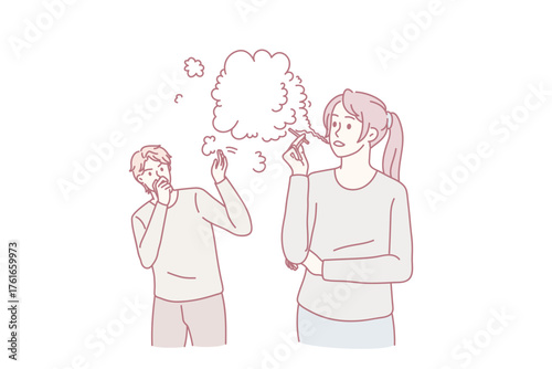 Woman smoking cigarette effect man passerby walking near. Male passive smoker cough because of female with tobacco. Unhealthy bad habit, air pollution concept. Flat vector illustration.