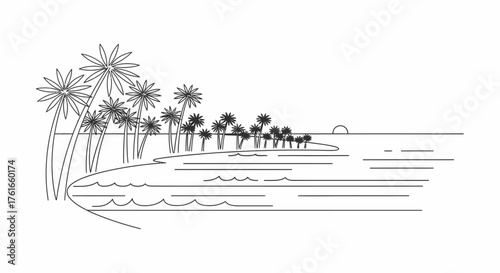 Line art tropical beach with palm trees simple island coastline design
