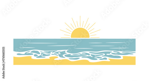 Sunrise Over the Ocean with Waves and Sandy Beach Illustration
