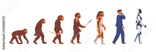 Human evolution process set. Ancient man evolves from monkey to caveman and to modern person. Darwin's theory. Stages of humanity development. Flat isolated vector illustrations on white background