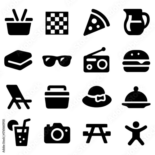Picnic Essentials: A set of iconic vector illustrations representing the perfect items needed for an enjoyable outdoor picnic, evoking feelings of relaxation and leisure.