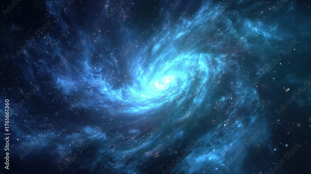 Fototapeta premium Swirling galaxy in deep space with bright stars and cosmic clouds illuminated by glowing blue light