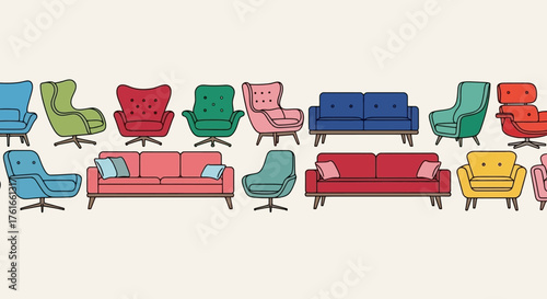 Colorful Collection of Mid-Century Modern Sofa and Armchair Illustration