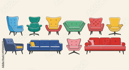 Set of Diverse Sofa and Armchair Designs in Vibrant Colors for Interior Decor