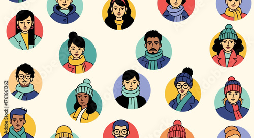 Diverse Collection of Smiling People Avatars Wearing Winter Clothing for Seasonal Designs