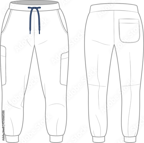 Technical fashion sketch, jogger pants front back view, cargo pockets, elastic waistband, garment construction, apparel design, vector illustration, silhouette
