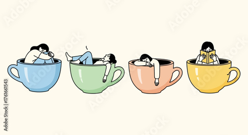 Figurative Illustration of Women Relaxing in Oversized Tea Cups