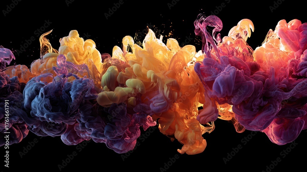 Colorful ink swirling in water creates vibrant patterns and dynamic movement in a dark backdrop