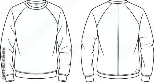 Technical flat sketch of crewneck sweatshirt front and back view, raglan sleeve design, fashion illustration, apparel template, garment construction