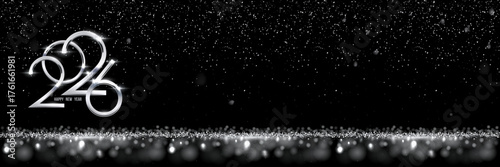 2026 Happy New Year greeting card vector background. 2026 silver numbers with falling confetti and glow light effects on black. Luxury festive sparkle holiday postcard, invitation, banner.