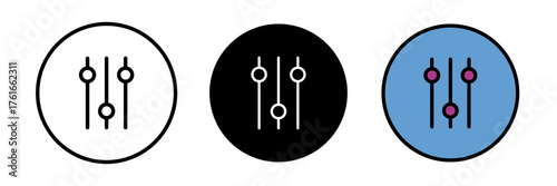 Equalizer icon set in flat vector illustration, designed in outline, filled, and color style. Ideal for music, sound control, audio settings, and multimedia interface design concepts.