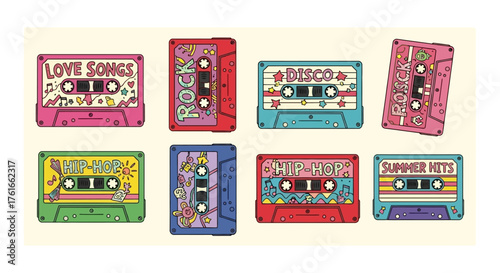 Collection of colorful retro cassette tapes with different music genres