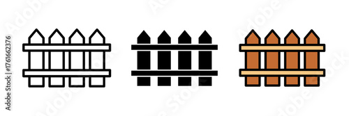 Fence icon set in flat vector illustration, designed in outline, filled, and color style. Ideal for construction, security, boundary, property, and outdoor design concepts.