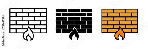 Firewall icon set in flat vector illustration, created in outline, filled, and color style. Ideal for cybersecurity, network protection, data security, and IT infrastructure design concepts.
