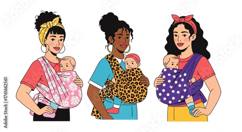 Diverse mothers carrying babies in slings, showcasing babywearing