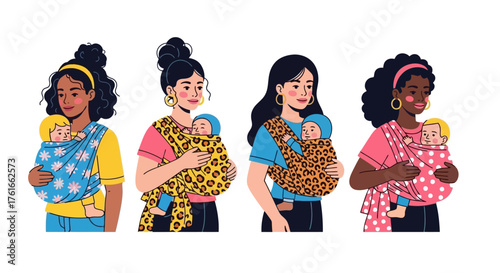 Diverse mothers carrying their babies in slings with colorful prints, depicting parenting and family support