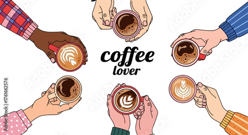 Coffee Lover Hands Holding Cups of Espresso Drinks in a Circle