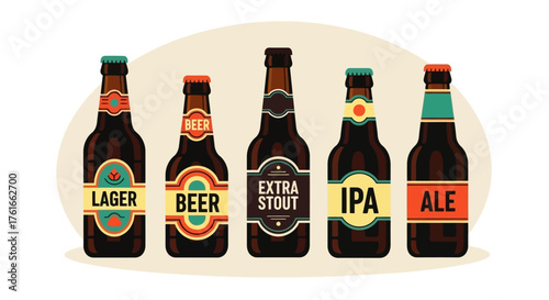 Variety of Beer Bottles Illustration with Different Designs and Labels