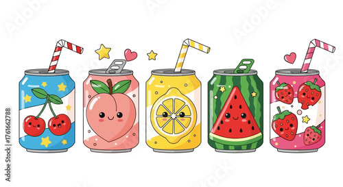 Cute Kawaii Fruit Drink Cans Illustration