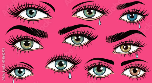 Collection of Emotional Eye Expressions with Tears and Lash Details on Pink