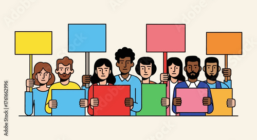 Diverse Group of People Protesting with Blank Signs Illustration