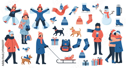 Winter Fun People, Pets, and Activities in a Cheerful Cartoon Style