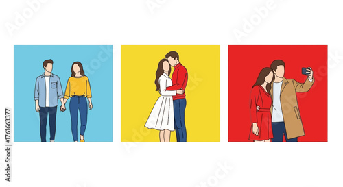Colorful Vector Illustrations of Couples in Love Portraits, Hugs, and Selfies