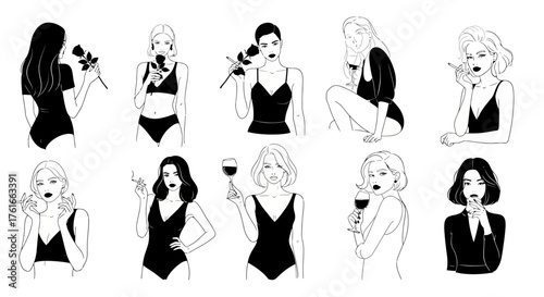 Line Art of Women with Flowers and Wine Elegant Figures