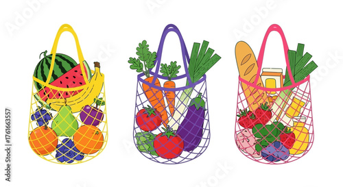 Reusable Grocery Bags Filled with Fresh Produce Eco-Friendly Shopping