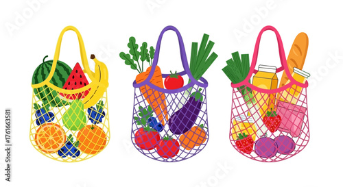 Variety of Fresh Produce in Reusable Shopping Bags for Sustainable Living