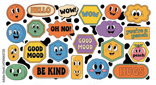 Whimsical retro cartoon shapes with adorable faces and mood messages