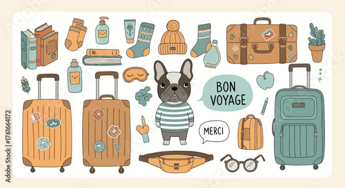 Travel accessories, suitcase, pet dog, luggage, journey sticker illustrations