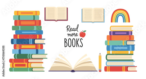 Colorful Book Stacks with Open Books and School Supplies Vector Illustration