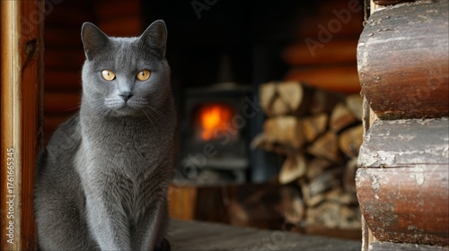 Chartreux cat relaxing beside a warm fireplace in a cozy cabin on a chilly day
