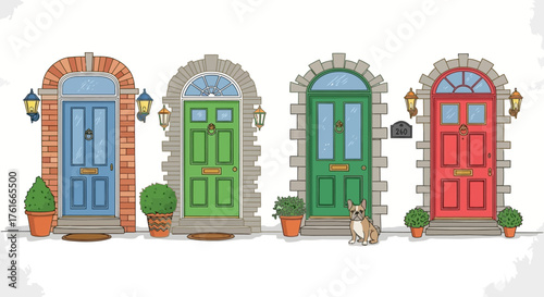 Charming Doors A Colorful Row of Home Entrances and a Cute Dog