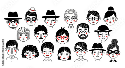 Diverse faces with red cheek marks in a variety of styles and hairstyles